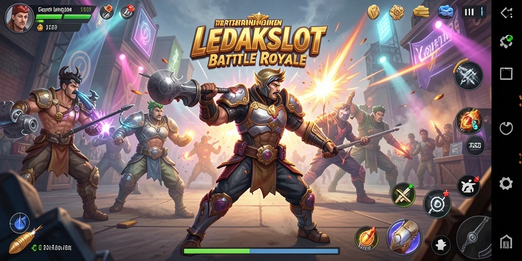 Tampilan gameplay seru LEDAKSLOT dalam pertempuran Battle Royale yang intens.