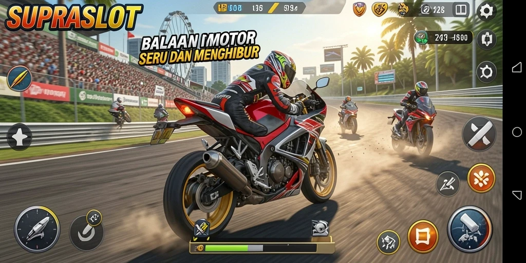Screenshot gameplay seru dari SUPRASLOT menunjukkan balapan motor yang mendebarkan.